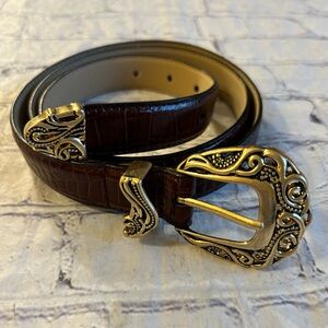 VTG COLDWATER CREEK(2007)  BROWN CROC LEATHER WOMEN’S BELT EMBELLISHED BUCKLE XL